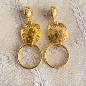 Vintage Anne Klein Gold Lion Drop Hoop Earrings